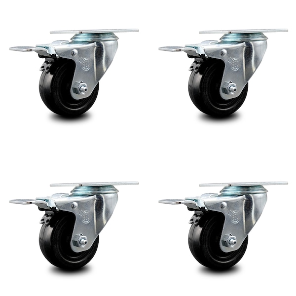 3.5 Inch Hard Rubber Wheel Swivel Top Plate Caster Set with Total Lock Brake SCC